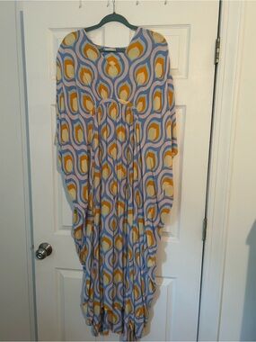 Free People Retro Teardrop Print Midi Dress in Lavender, Mustard & Blue